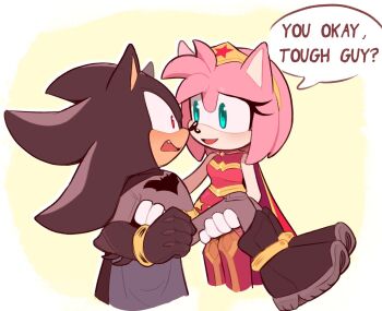 1boy 1girl amy_rose aqua_eyes batman batman_(cosplay) batman_(series) black_gloves carrying cosplay crossover dc_comics english_text furry furry_female furry_male gloves highres looking_at_another princess_carry red_eyes reverse_princess_carry shadow_the_hedgehog sonic_(series) speech_bubble tiara toonsite white_gloves wonder_woman wonder_woman_(cosplay) wonder_woman_(series)