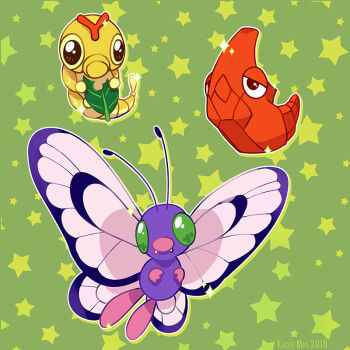 Rule 34 | alternate color, animal focus, antennae, artist name, bug, butterfly, butterfree, caterpie, caterpillar, colored sclera, commentary, dated, english commentary, evolutionary line, fangs, full body, gen 1 pokemon, green background, green eyes, insect, kaceymeg, metapod, nintendo, no humans, pokemon, pokemon (creature), shiny pokemon, star (symbol), wings, yellow sclera