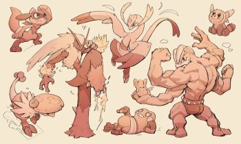 absurdres back bandana bandana_around_neck beak blaziken breloom claws croagunk extra_arms fighting_stance fire flexing gen_1_pokemon gen_3_pokemon gen_4_pokemon gen_5_pokemon gen_7_pokemon grin hand_up highres knee_up limited_palette machamp mienshao monochrome muscular nintendo no_humans pawmot pokemon pokemon_(creature) pokemon_focus riolu scarvii smile stufful tail whiskers