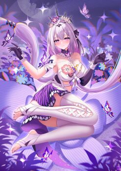1girl absurdres asymmetrical_gloves bare_shoulders black_tiara breasts bug butterfly castorice_(honkai:_star_rail) commentary_request dress elbow_gloves flower gloves hair_flower hair_ornament highres honkai:_star_rail honkai_(series) insect large_breasts long_hair looking_at_viewer mismatched_gloves nail_polish pointy_ears purple_eyes purple_gloves purple_hair smile solo stirrup_legwear thighhighs tiara toeless_legwear toenail_polish toenails toes very_long_hair white_dress white_thighhighs zekong_pioneer