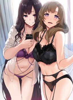 2girls absurdres ane_naru_mono ass asymmetrical_bangs bare_shoulders black_bra black_hair black_panties blush bra breasts bright_pupils brown_hair chiyo_(ane_naru_mono) cleavage collarbone collared_shirt cowboy_shot creator_connection crossover dress_shirt empty_eyes female_focus garter_belt gluteal_fold grin half-closed_eyes hand_on_own_chest hews highleg highleg_panties highres huge_filesize lace lace-trimmed_bra lace-trimmed_panties lace_trim large_breasts lingerie long_hair long_sleeves looking_at_viewer mature_female multiple_girls navel oosuki_mamako open_clothes open_mouth open_shirt panties parted_lips purple_bra purple_eyes purple_hair purple_panties see-through_clothes shirt skindentation sleeves_rolled_up smile stomach sweat teeth thighs tongue tsuujou_kougeki_ga_zentai_kougeki_de_ni-kai_kougeki_no_okaasan_wa_suki_desu_ka? underwear underwear_only very_long_hair white_pupils white_shirt