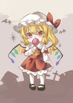 Rule 34 | 1girl, ascot, bat (animal), black shoes, blonde hair, blush, bow, candy, carin (c arin1012), chibi, chibi only, collared shirt, commentary request, crystal, crystal wings, flandre scarlet, food, frilled shirt collar, frilled skirt, frills, hat, highres, holding, holding candy, holding food, holding lollipop, lollipop, long sleeves, looking at viewer, mob cap, multicolored wings, one side up, red bow, red eyes, red skirt, red vest, shirt, shoes, skirt, sleeve bow, socks, solo, swirl lollipop, touhou, vest, white hat, white shirt, white socks, wings, yellow ascot