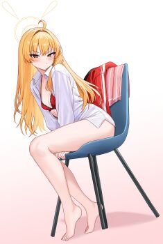 1girl :/ absurdres ahoge alternate_hairstyle bare_legs barefoot blonde_hair blue_archive blush borrowed_clothes boyfriend's_shirt bra breasts chair collared_shirt commentary_request feet gradient_background grey_eyes halo highres jacket legs loli long_hair looking_at_viewer nearly_naked_shirt on_chair open_clothes open_shirt pantoking pink_background red_bra red_jacket shirt simple_background small_breasts solo straight_hair thighs toenails toes unbuttoned unbuttoned_shirt underwear unworn_clothes unworn_jacket very_long_hair white_background white_shirt yellow_halo yoshimi_(blue_archive)