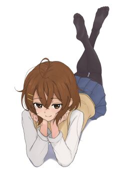 1girl ahoge andreypavlow black_pantyhose blue_skirt blush brown_eyes brown_hair closed_mouth commentary crossed_ankles crossed_bangs english_commentary feet feet_up full_body hair_between_eyes hair_ornament hairclip highres hirasawa_yui k-on! long_sleeves looking_at_viewer lying medium_hair miniskirt no_shoes on_stomach pantyhose sakuragaoka_high_school_uniform school_uniform shadow simple_background skirt smile soles solo the_pose toes white_background