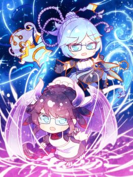 Rule 34 | 2girls, apron, aqua eyes, aqua hair, biscuit (oishiibiscuit), black dress, black gloves, black hair, braid, bun with braided base, chibi, chibi only, commentary request, deformed, dracotail faimena, dragon girl, dragon horns, dragon tail, dragon wings, dress, duel monster, eastern dragon tail, full body, glasses, gloves, highres, horns, house dragonmaid, long hair, long sleeves, looking at viewer, maid, maid apron, multiple girls, open mouth, tail, vase, very long hair, white apron, wings, yu-gi-oh!