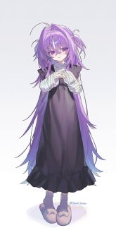 1girl ahoge black_dress blue_hair closed_mouth commentary dress full_body funa_(sakana) gradient_hair hair_between_eyes hair_intakes head_tilt highres hunae_(funa_(sakana)) long_dress long_hair long_sleeves looking_at_viewer multicolored_hair original purple_eyes purple_hair shirt simple_background sleeves_past_wrists slippers smile socks solo standing striped_clothes striped_shirt symbol-only_commentary two_side_up very_long_hair white_slippers white_socks