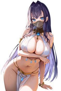 1girl alternate_costume blue_eyes blue_gem blue_hair bracelet breasts cleavage commentary detached_sleeves english_commentary gem hair_intakes harem_outfit highres hololive hololive_english jewelry large_breasts long_hair looking_at_viewer mafukkoin mouth_veil navel neck_ring no_panties ouro_kronii pelvic_curtain see-through_clothes see-through_veil sidelocks simple_background solo stomach veil very_long_hair virtual_youtuber white_background