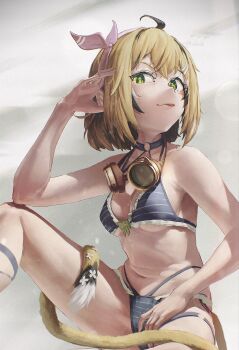 1girl bikini black_streaks blonde_hair blue_bikini breasts closed_mouth dooby dooby_(summer) goggles goggles_around_neck green_eyes highres indie_virtual_youtuber jerboa_tail kokono_ka navel pink_ribbon ribbon small_breasts solo striped_bikini striped_clothes swimsuit virtual_youtuber