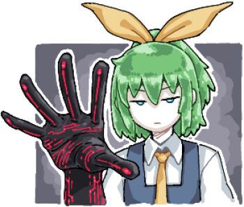 Rule 34 | 1girl, anal assassin glove, ascot, blue eyes, blue vest, bois de justice, bow, closed mouth, collared shirt, colored skin, cookie (touhou), daiyousei, dies irae, diyusi (cookie), frown, green hair, hair bow, looking at viewer, lowres, man (man-room), shinza bansho series, shirt, short hair, solo, touhou, unusually open eyes, upper body, v-shaped eyebrows, vest, white shirt, white skin, yellow ascot, yellow bow