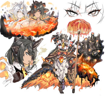 2girls :t absurdres animal_ears arm_behind_head arm_up armor armored_dress asymmetrical_docking belt black_gravios black_hair blush breast-to-breast breast_press breasts cigar closed_mouth cropped_torso dragon_ears dragon_girl dragon_tail dress full_body gauntlets gravios grey_eyes grey_hair highres holding holding_polearm holding_weapon horns huge_breasts large_tail lava lava_bath looking_at_viewer monster_girl monster_hunter_(series) mouth_hold multiple_girls multiple_views necktie nude partially_submerged personification pole polearm scales side-by-side single_horn skull smoke smoking tail tan umitsuki upper_body weapon wrist_cuffs yellow_eyes