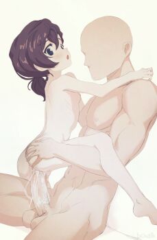 1boy 1girl :o age_difference anus artist_name ass bald barefoot blue_eyes blush breasts brown_hair butterchalk commentary completely_nude cum cum_in_pussy english_commentary faceless faceless_male feet gegege_no_kitarou hair_between_eyes hetero highres inuyama_mana large_penis loli nipples nude open_mouth penis pussy sex short_hair simple_background size_difference small_areolae small_breasts small_nipples soles testicles uncensored vaginal white_background