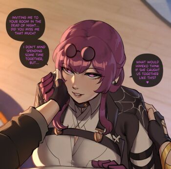 1boy 1girl black_gloves caelus_(honkai:_star_rail) english_text eyewear_on_head fingerless_gloves gloves hand_on_another&#039;s_cheek hand_on_another&#039;s_face honkai:_star_rail honkai_(series) kafka_(honkai:_star_rail) looking_at_viewer pov purple_eyes purple_gloves purple_hair round_eyewear speech_bubble trailblazer_(honkai:_star_rail) wingedwasabi