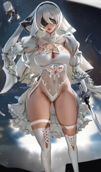 1girl 2b_(nier:automata) artist_name black_gloves blindfold breasts bridal_veil bride bright_pupils cleavage cleavage_cutout clothing_cutout dress drone elbow_gloves floating gloves gluteal_fold high-low_dress high-low_skirt highleg highleg_leotard highres holding holding_sword holding_weapon katana large_breasts leotard mole mole_under_mouth nier:automata nier_(series) non-humanoid_robot pod_(nier:automata) puffy_sleeves rached ribbon robot science_fiction see-through_clothes short_hair skirt solo sword thigh_strap thighhighs thighs two-tone_gloves veil virtuous_contract weapon wedding_dress white_hair white_leotard white_pupils white_ribbon white_skirt white_thighhighs