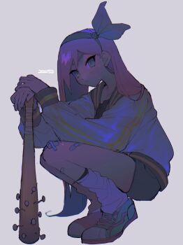 1girl aqua_bow aqua_eyes aqua_hairband aqua_shoes aubrey_(faraway)_(omori) aubrey_(omori) bandaid bandaid_on_leg baseball_bat bow dated hairband highres holding holding_baseball_bat holding_bat jacket letterman_jacket long_hair loose_socks nail_(hardware) nail_bat omori pink_hair shoes shorts sneakers socks solo squatting thxzmgn white_legwear