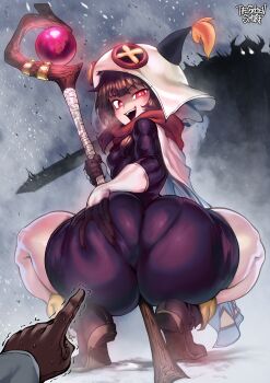 1girl 2boys ass boots breasts brown_hair come_hither deep_skin from_behind grabbing_own_ass hat holding holding_staff holding_sword holding_weapon huge_ass kono_subarashii_sekai_ni_shukufuku_wo! long_hair looking_back megumin multiple_boys naughty_face open_mouth pov presenting_own_ass presenting_own_body red_eyes satou_kazuma small_breasts smile squatting staff staff_(weapon) sword the_golden_smurf trembling weapon wizard wizard_hat