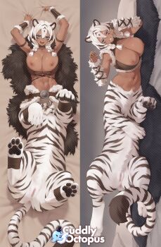 1girl :d abs animal_ears arm_support arm_warmers armpits arms_up bare_shoulders bed_sheet belt bikini bikini_pull bikini_top_only blue_eyes braid breasts brown_belt brown_bikini brown_choker censored centauroid choker claw_pose claws cloak clothes_pull commentary cuddly_octopus dakimakura_(medium) dark-skinned_female dark_skin facial_mark from_above full_body fur-trimmed_arm_warmers fur_cloak fur_trim grin hair_between_eyes hair_ribbon highres iwbitu large_breasts leg_wrap looking_at_viewer lying monster_girl mosaic_censoring multiple_legs multiple_views navel nipples on_back on_side open_mouth original pawpads pussy ribbon shadow sheet_grab short_hair side_braids sidelocks smile spread_legs stomach swimsuit taur teeth thick_eyebrows tiger_ears tiger_girl tress_ribbon upper_teeth_only waist_cape