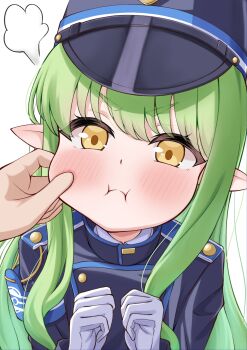 1girl 1other absurdres akanehiiro blue_archive blush cheek_pinching green_hair hat highres hikari_(blue_archive) peaked_cap pinching pointy_ears simple_background solo_focus train_conductor white_background yellow_eyes