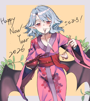 1girl 2026 bat_wings blue_hair bowl chopsticks commentary_request eating floral_print floral_print_kimono hair_between_eyes happy_new_year highres holding holding_bowl holding_chopsticks japanese_clothes kanaria_(bcomn) kimono looking_at_viewer new_year obi pink_kimono plant pointy_ears print_kimono red_eyes red_sash remilia_scarlet sash short_hair solo touhou translated upper_body wide_sleeves wings