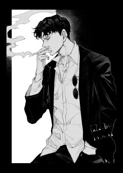 1boy absurdres adam&#039;s_apple border breast_pocket cigarette collared_shirt dated dress_shirt eyewear_in_pocket from_side greyscale highres holding holding_cigarette jacket kagurabachi looking_down male_focus monochrome pocket profile samura_seiichi shirt short_hair signature smoke smoke_trail smoking solo suit_jacket two-tone_background untucked_shirt upper_body whalebone_1022