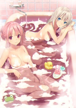 2girls :o bath bathing bathroom bathtub blonde_hair breasts closed_mouth commentary_request completely_nude convenient_censoring koutaro large_breasts looking_at_viewer multiple_girls nipples nude original pink_hair red_eyes rubber_duck same-sex_bathing shared_bathing sitting smile soap_bubbles soap_censor thighs tile_wall tiles water