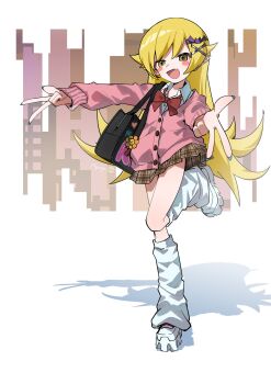 1girl :d aqua_nails artist_name bag bat_hair_ornament black_bag blonde_hair blush_stickers bow bowtie brown_skirt buttons cardigan cityscape dot_nose double_w dress_shirt fang flipped_hair foreshortening full_body gyaru_w hair_flaps hair_ornament hands_up highres leg_warmers long_hair long_sleeves monogatari_(series) myuga66666 open_mouth oshino_shinobu outstretched_arms pink_cardigan plaid_clothes plaid_skirt platform_shoes pleated_skirt pointy_ears red_bow red_bowtie ringed_eyes shadow shirt shoes shoulder_bag skirt skirt_flip smile sneakers solo standing standing_on_one_leg very_long_hair w white_background white_shirt white_shoes x_hair_ornament yellow_eyes