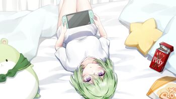 1girl absurdres bare_legs bed blanket breasts chico_(yuzuha_riko) chips_(food) collarbone commentary_request commission dabi_(15dldl15) food green_hair highres korean_commentary lying nintendo_switch on_back on_bed pillow pocky potato_chips purple_eyes shirt short_hair short_sleeves star_cushion stellive virtual_youtuber white_shirt yuzuha_riko