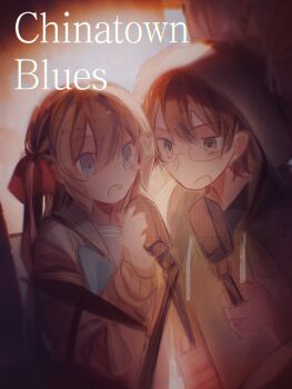 Rule 34 | 1boy, 1girl, :d, bags under eyes, black hair, blue bow, blue bowtie, blue eyes, blue sailor collar, bow, bowtie, brown hair, cardigan, double-parted bangs, drawstring, e douraze, film grain, glasses, green eyes, green hoodie, hair between eyes, hair ornament, hair ribbon, hashtag-only commentary, heart, heart hair ornament, highres, holding, holding microphone, holding microphone stand, hood, hood up, hoodie, long hair, long sleeves, looking at viewer, microphone, microphone stand, music, neuro-sama, off-shoulder cardigan, open mouth, red ribbon, ribbon, sailor collar, short hair, singing, smile, two side up, vedal987, vedal ai, vignetting, yellow cardigan