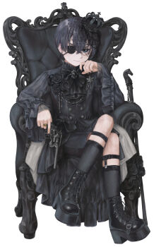 1boy absurdres ankle_boots armchair artist_name bishounen black_boots black_bow black_bowtie black_crown black_flower black_gemstone black_hair black_nails black_rose black_shirt black_shorts black_socks black_theme blue_eyes boots bow bowtie buttons cane chain chair child ciel_phantomhive closed_mouth crossed_legs crown earrings elbow_rest enfield_revolver eyepatch finger_on_trigger fishnet_veil flower frilled_shirt_collar frills gem gold_ring gun hair_between_eyes hand_to_own_mouth handgun highres holding holding_gun holding_weapon invisible_floor jewelry kuroshitsuji lace-up_boots legwear_garter looking_at_viewer male_focus on_chair revolver ring rose shirt shoe_belt short_hair shorts simica simple_background sitting skull socks solo stud_earrings upturned_eyes v-shaped_eyebrows weapon white_background wide_sleeves