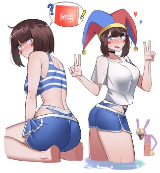 ! 1girl ? bikini bikini_under_clothes blue_bikini blue_eyes blue_shorts blush blush_stickers breasts brown_hair commentary dolphin_shorts double_v hat highres jax_(the_amazing_digital_circus) jester_cap large_breasts looking_at_viewer multicolored_eyes multiple_views overalls pomni_(the_amazing_digital_circus) red_eyes red_overalls shirt shorts small_sweatdrop striped_bikini striped_clothes swimsuit the_amazing_digital_circus ti_keep two-tone_eyes v wading water white_background white_shirt