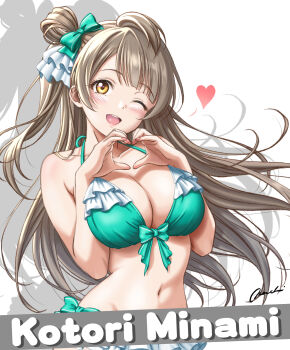 1girl absurdres bikini bikini_skirt bow breasts brown_hair character_name frilled_bikini frills front-tie_bikini_top front-tie_top green_bikini hair_bow heart heart_hands highres large_breasts long_hair love_live! love_live!_school_idol_project menchi_(pixiv) minami_kotori open_mouth smile spoken_heart swimsuit yellow_eyes