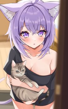 1girl ahoge animal animal_ear_fluff animal_ears black_shirt blurry blurry_background blush breasts cat cat_ears cat_girl cat_tail cleavage commentary_request cowboy_shot crossed_bangs doorway hair_between_eyes highres holding holding_animal holding_cat hololive indoors large_breasts looking_at_viewer medium_hair nekomata_okayu off_shoulder oversized_clothes oversized_shirt parted_lips pov_doorway purple_eyes purple_hair purple_tail shinonome_shino_(artist) shirt single_bare_shoulder solo standing tail virtual_youtuber wooden_floor