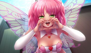 1girl blush breasts bridal_gauntlets detached_sleeves game_cg green_eyes half-closed_eyes heart heart_hands heart_necklace highres hunie_(series) huniepop_2 jewelry kyu_sugardust looking_up necklace ninamo official_art pink_hair pink_nails presenting presenting_mouth teeth tongue tongue_out upper_teeth_only wings