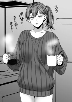 1girl alternate_costume coffee_pot commentary_request cowboy_shot cup dress greyscale highres kaga_(kancolle) kantai_collection kettle kitchen long_hair looking_at_viewer monochrome mug parted_lips ribbed_sweater shingyou_(alexander-13) side_ponytail solo stove sweater sweater_dress translation_request