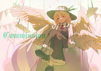 1girl absurdres angel_wings ball beachball black_hat black_shoes black_skirt black_vest blonde_hair circus closed_mouth collared_shirt commentary_request commission crossed_legs dolls_in_pseudo_paradise expressionless favnvs_(s910a_ib6) feathered_wings frilled_headwear frilled_skirt frilled_sleeves frills frown full_body garland_(decoration) gradient_hair hair_flowing_over hat hat_ornament highres indoors jacket_girl_(dipp) leaf_hat_ornament long_hair long_skirt long_sleeves looking_ahead mary_janes multicolored_hair multiple_wings neck_ribbon on_bench oversized_object parted_bangs pink_background pleated_skirt puffy_long_sleeves puffy_sleeves red_eyes red_ribbon ribbon shirt shoes sidelocks skirt skirt_set sleeves_past_wrists socks solo swing touhou v-neck vest watermark wavy_hair white_background white_shirt white_socks white_wings wings