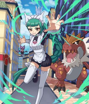 !? 1girl apron braid brooch city dinosaur gen_6_pokemon green_hair jewelry lebanne_(pokemon) long_hair looking_at_viewer lumiose_city maid maid_apron maid_headdress mixed-language_commentary nickel_(pixiv_109384452) nintendo noibat pokemon pokemon_(creature) pokemon_legends:_z-a single_braid smile solo standing standing_on_one_leg thighhighs tyrantrum very_long_hair white_apron white_thighhighs