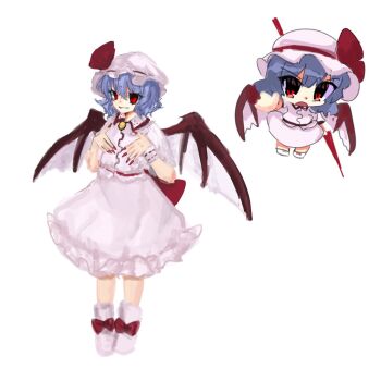 Rule 34 | 1girl, bat wings, blue hair, bow, chibi, collared shirt, embodiment of scarlet devil, fingernails, footwear bow, frilled shirt collar, frilled skirt, frilled sleeves, frills, full body, hand up, hat, hat ribbon, highres, holding, holding polearm, holding weapon, jewelry, kato tog, looking at viewer, mob cap, open mouth, pink hat, pink shirt, pink skirt, polearm, puffy short sleeves, puffy sleeves, red bow, red eyes, red nails, red ribbon, remilia scarlet, ribbon, shirt, shoes, short hair, short sleeves, simple background, skirt, smirk, solo, spear the gungnir, touhou, weapon, white background, wings, wrist cuffs, zun pose