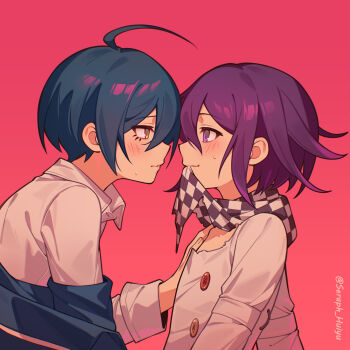 2boys ahoge black_hair blush checkered_clothes checkered_neckerchief clothes_in_mouth collarbone collared_shirt danganronpa_(series) danganronpa_v3:_killing_harmony ewa_(seraphhuiyu) flipped_hair from_side hair_between_eyes highres jacket long_sleeves male_focus multiple_boys neckerchief off_shoulder oma_kokichi profile purple_eyes purple_hair saihara_shuichi scarf shirt short_hair smile sweatdrop twitter_username two-tone_scarf yaoi