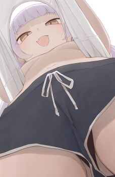 1girl :d black_panties black_shorts breasts commentary from_below grey_hair highres hiroki_(yyqw7151) lifting_own_clothes looking_at_viewer open_mouth original panties panties_under_shorts shorts simple_background small_breasts smile solo underwear upshirt upshorts white_background