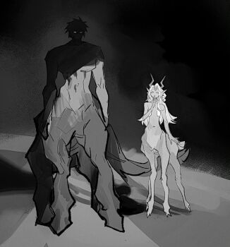 2girls centaur centauroid deer_girl eyes_in_shadow full_body greyscale highres horns long_hair meme monochrome monster_girl multiple_girls muscular muscular_female original outdoors s_xing_guowang short_hair standing taur why_dis_ninja_look_so_mad_(meme)