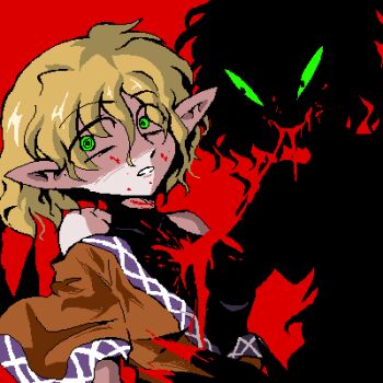1girl 1other bare_shoulders blonde_hair blood blood_splatter brown_shirt constricted_pupils dark_persona dual_persona evil_eyes evil_smile green_eyes kinoglossia looking_to_the_side lowres mizuhashi_parsee oekaki open_mouth pointy_ears red_background shirt short_hair sleeveless sleeveless_shirt smile touhou undershirt
