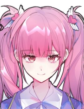 1girl blue_shirt chinese_commentary commentary_request li_tianxi long_hair looking_at_viewer pink_eyes pink_hair portrait shiguang_dailiren shirt simple_background smile solo summer-night-echo twintails white_background