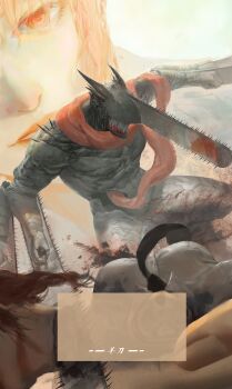 1boy 1girl absurdres artist_name black_necktie blood blood_drip blood_from_mouth bloody_weapon body_armor chainsaw chainsaw_devil chainsaw_man chinese_commentary collared_shirt commentary_request decapitation disembodied_head guro highres intestines looking_at_another makima_(chainsaw_man) male_focus multiple_views necktie no_eyes orange_eyes orange_hair realistic red_hair sharp_teeth shirt teeth weapon white_shirt yang_dao