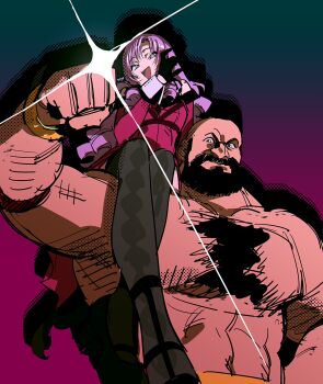 1boy 1girl beard carrying carrying_over_shoulder carrying_person chest_hair chest_tuft dress drill_hair facial_hair flexing glint gloves gradient_background highres hyakumantenbara_salome hyakumantenbara_salome_(1st_costume) large_pectorals long_hair looking_at_viewer mohawk muscular muscular_male nijisanji ojou-sama_pose pectorals popogano purple_eyes purple_hair raised_fist size_difference smile smug street_fighter strongman_waist thick_beard topless_male unfinished upper_body virtual_youtuber wrestler zangief
