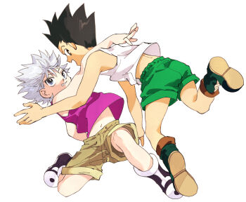2boys black_hair gon_freecss hunter_x_hunter killua_zoldyck male_focus midriff_peek multiple_boys odenkong shirt short_hair shorts sleeveless sleeveless_shirt spiked_hair tank_top white_background white_hair
