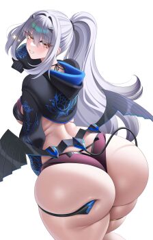 1girl ass ass_focus blush breasts come_hither demon_tail fate/grand_order fate_(series) from_behind grin huge_ass jacket large_breasts leaning leaning_forward long_hair looking_at_viewer looking_back luunamito melusine_(fate) naughty_face ponytail sideboob smile solo tail thick_thighs thighs thong very_long_hair white_hair wings