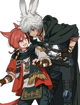 2boys animal_ears black_cape black_gloves black_pants black_scarf brown_gloves cape cat_boy cat_ears cat_tail commission double-parted_bangs eyepatch face-to-face final_fantasy final_fantasy_xiv fingerless_gloves g'raha_tia gloves grey_eyes grey_hair grey_shirt highres jacket looking_at_another male_focus miqo'te multiple_boys one_eye_closed one_eye_covered open_mouth ottonyao pants rabbit_boy rabbit_ears red_eyes red_hair red_jacket scarf second-party_source shirt short_hair simple_background smile tail warrior_of_light_(ff14) white_background