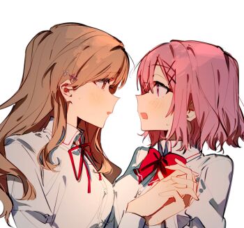 2girls amaori_renako ashigaya_high_school_uniform blush bow bowtie brown_eyes brown_hair collared_shirt commentary eye_contact highres holding_hands interlocked_fingers kaeshi_(yuukaeshi) long_hair looking_at_another medium_hair multiple_girls neck_ribbon open_mouth pink_hair purple_eyes red_bow red_bowtie red_ribbon ribbon school_uniform sena_ajisai shirt simple_background sweat watashi_ga_koibito_ni_nareru_wake_naijan_murimuri! white_background white_shirt yuri