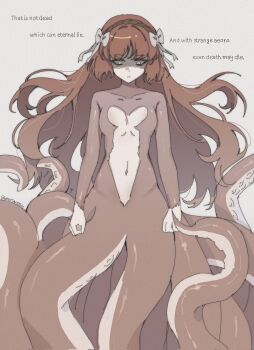 1girl artist_name bow breasts closed_mouth collarbone commentary english_commentary english_text floating_hair highres ishmael_(project_moon) limbus_company medium_breasts miruraisu monster_girl navel orange_hair partially_shaded_face project_moon solo tentacles twitter_username white_background white_bow