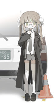 1girl adjusting_clothes adjusting_necktie black_coat black_shoes blood blood_on_face brown_hair car coat collared_shirt daizu_(melon-lemon) full_body glasses grey_necktie grey_skirt hair_ornament highres loafers long_hair long_sleeves looking_at_viewer miniskirt motor_vehicle necktie original pleated_skirt shirt shoes skirt solo standing thighhighs traffic_cone twintails white_shirt white_thighhighs zettai_ryouiki