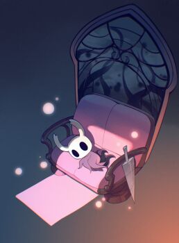 1other brick_st commentary couch grey_cloak hashtag-only_commentary hollow_eyes hollow_knight horns knight_(hollow_knight) lying nail_(hollow_knight) old_nail_(hollow_knight) on_couch on_side solo tendril window